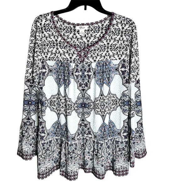 Style & Co Peasant Boho Top Size L  Purple White Print Long Bell Sleeves Smocked - Picture 1 of 9